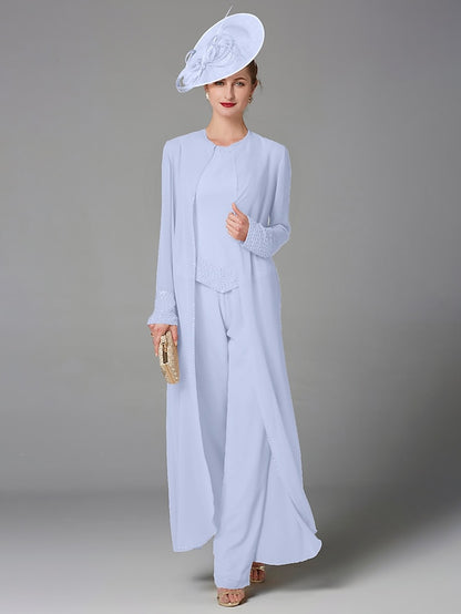 Jumpsuit / Pantsuit 3 Piece Mother of the Bride Dress Formal Plus Size Elegant Wrap Included Bateau Neck Floor Length Chiffon Sleeveless with Beading Appliques 2023 - LuckyFash™