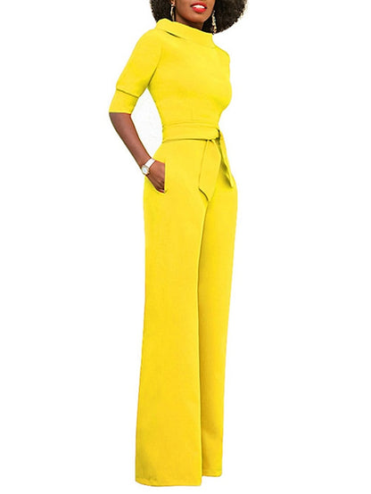Jumpsuits for Women Summer Dressy Clean Fit Pocket High Waist Solid Color Stand Collar Business Office Work Regular Fit Half Sleeve Black White Yellow S M L - LuckyFash™