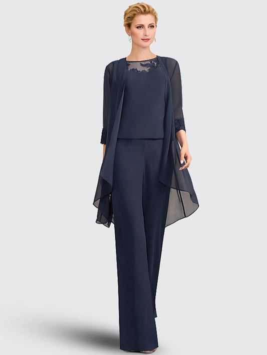 Jumpsuit / Pantsuit 3 Piece Mother of the Bride Dress Formal Plus Size Elegant Jewel Neck Floor Length Chiffon Lace Sleeveless with Appliques 2023 - LuckyFash™