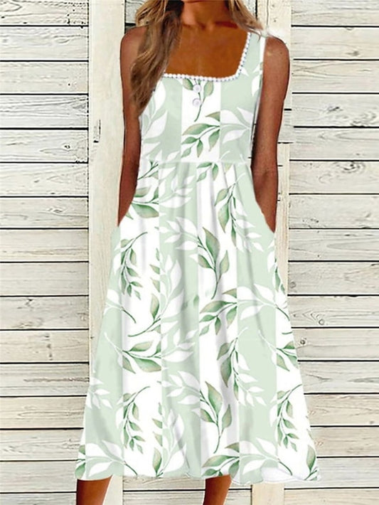 Women's Dress - Casual Dress Shift Dress Tank Dress Floral Ruched Button Square Neck Midi Dress Fashion Streetwear Outdoor Daily Sleeveless Regular Fit Blue Green Summer Spring S M L XL XXL