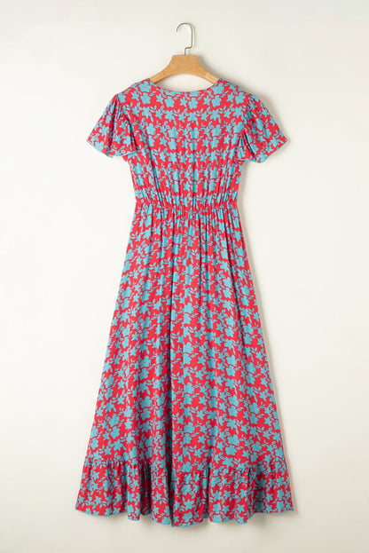 Ruby Red Floral Print Maxi Dress with Flutter Sleeves and Ruffle Detail