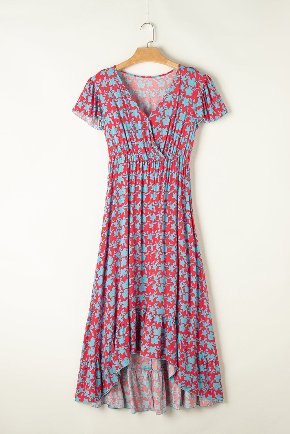 Ruby Red Floral Print Maxi Dress with Flutter Sleeves and Ruffle Detail