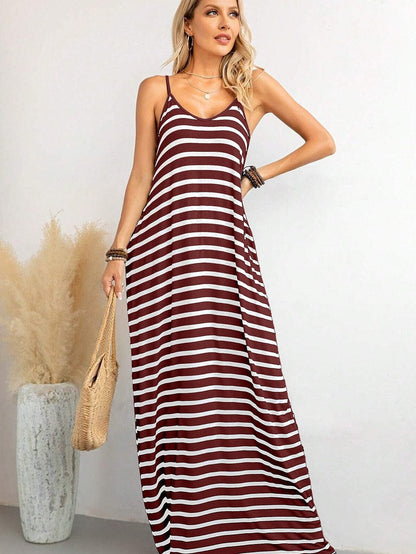 Ruby Red Striped Spaghetti Strap Maxi Dress with Pockets