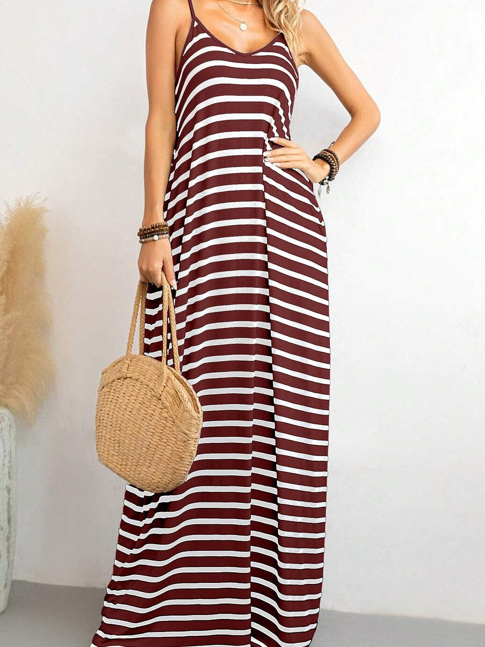 Ruby Red Striped Spaghetti Strap Maxi Dress with Pockets