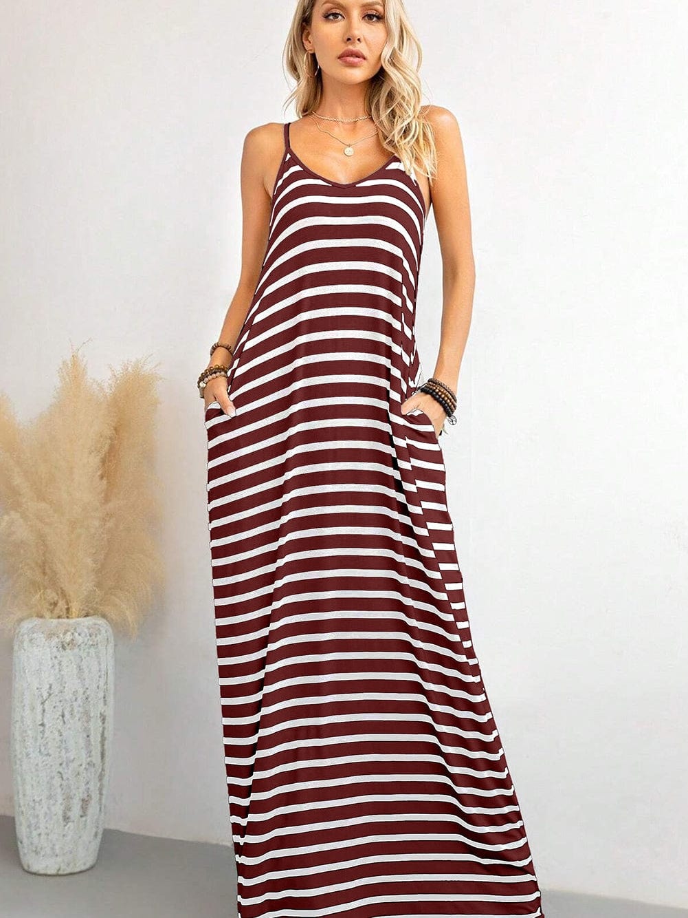 Ruby Red Striped Spaghetti Strap Maxi Dress with Pockets