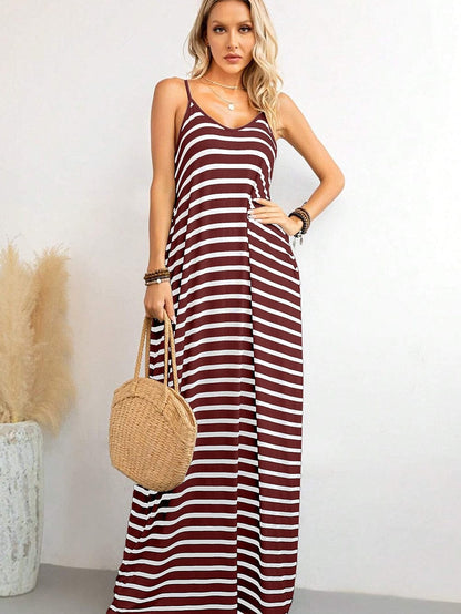 Ruby Red Striped Spaghetti Strap Maxi Dress with Pockets
