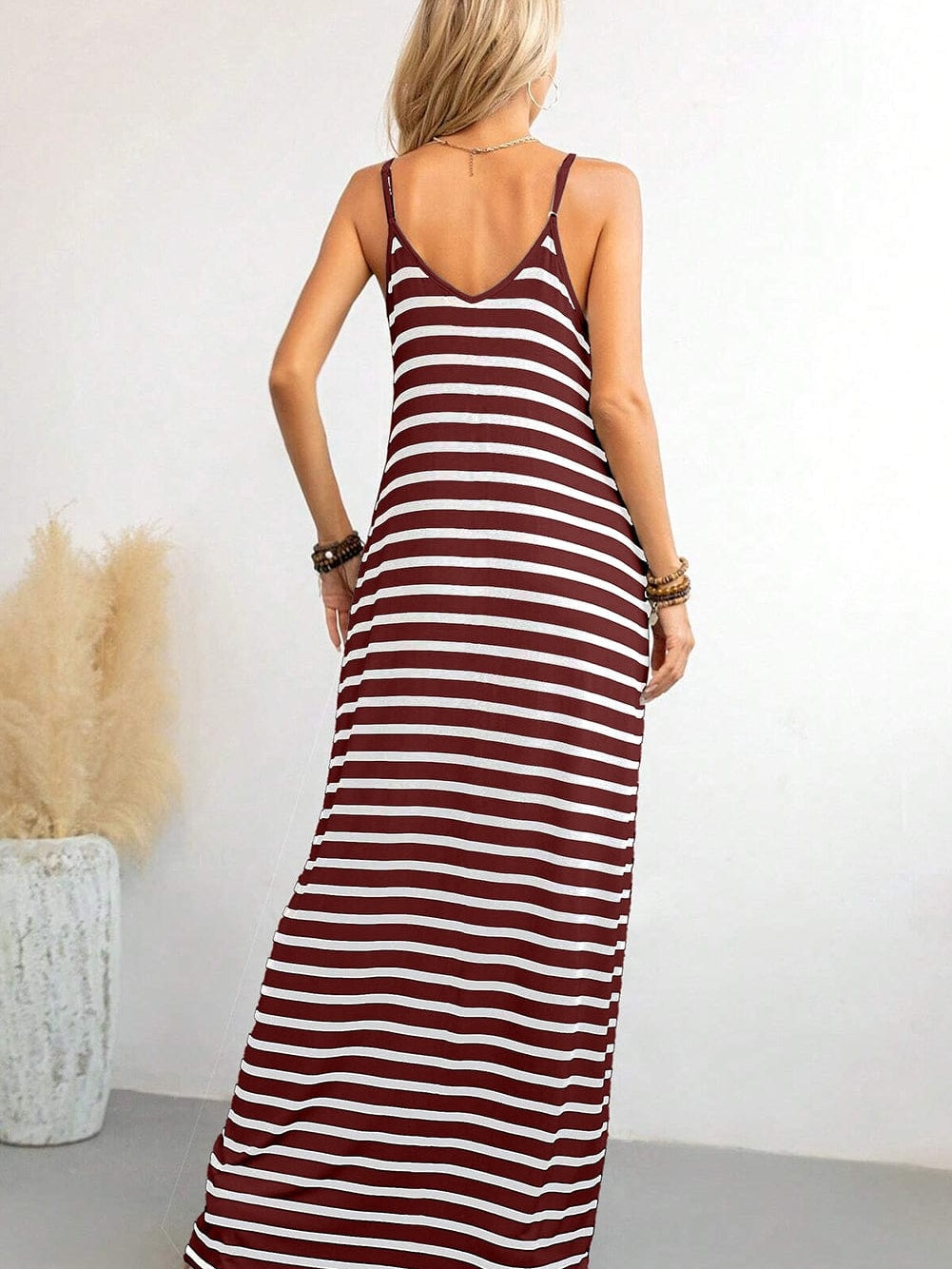 Ruby Red Striped Spaghetti Strap Maxi Dress with Pockets