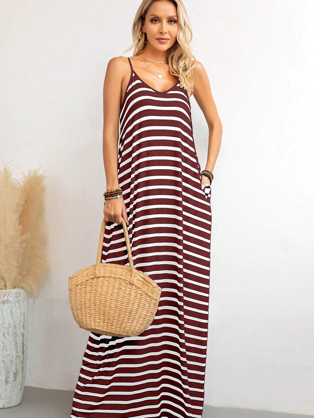 Ruby Red Striped Spaghetti Strap Maxi Dress with Pockets