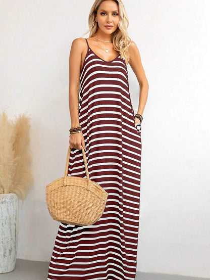 Ruby Red Striped Spaghetti Strap Maxi Dress with Pockets