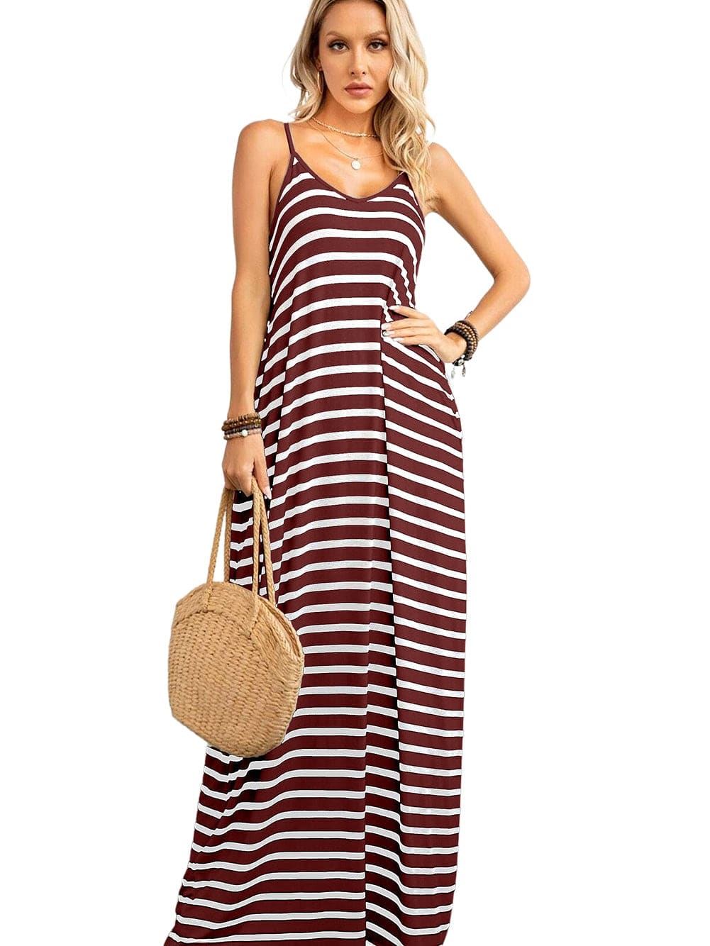 Ruby Red Striped Spaghetti Strap Maxi Dress with Pockets