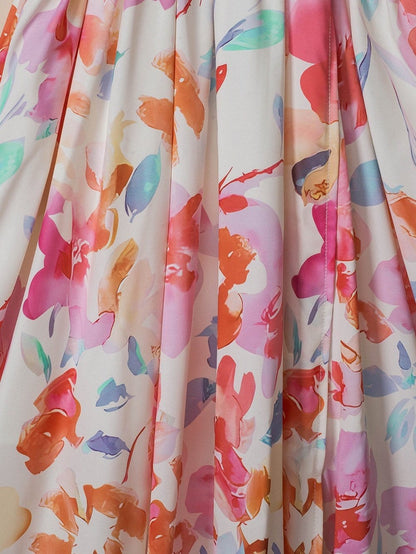 Ruched V-Neck Maxi Dress with Tropical Floral Print