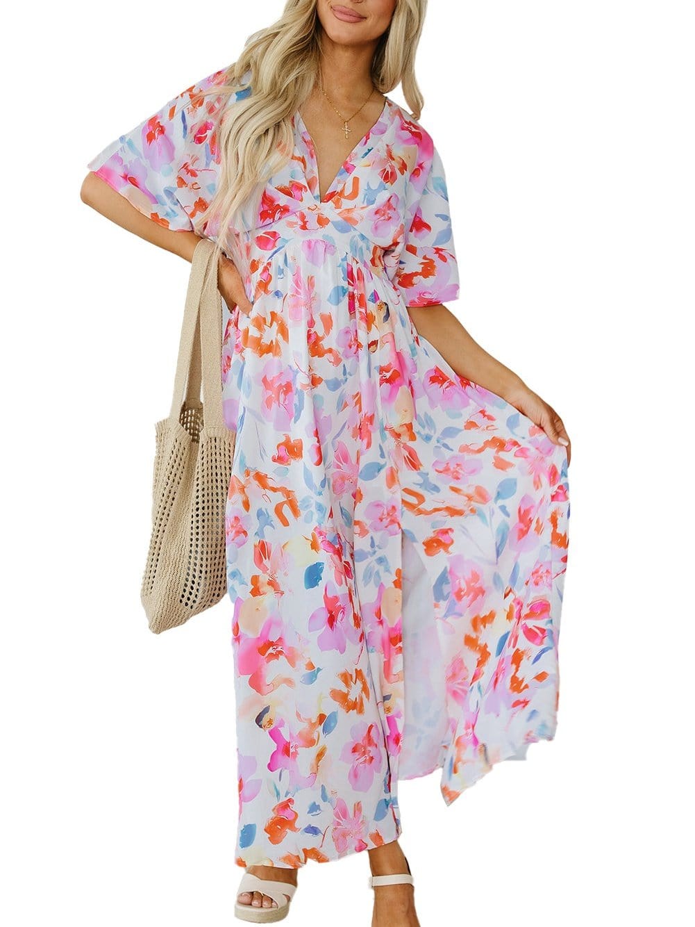 Ruched V-Neck Maxi Dress with Tropical Floral Print