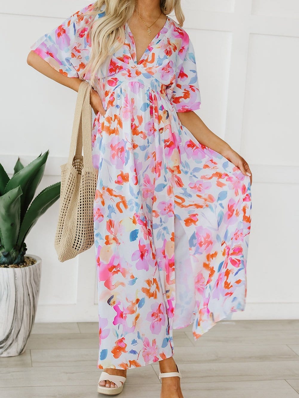 Ruched V-Neck Maxi Dress with Tropical Floral Print