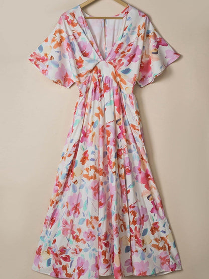 Ruched V-Neck Maxi Dress with Tropical Floral Print