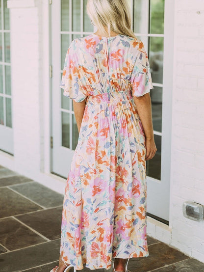 Ruched V-Neck Maxi Dress with Tropical Floral Print