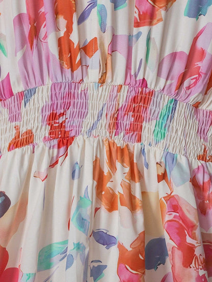 Ruched V-Neck Maxi Dress with Tropical Floral Print