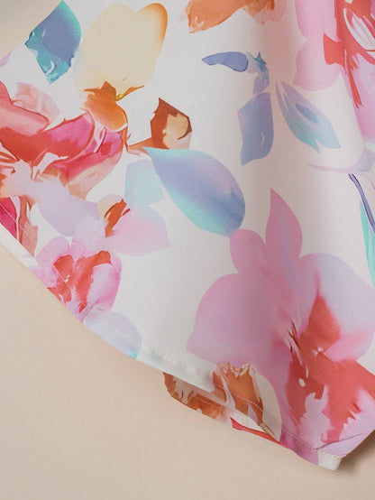 Ruched V-Neck Maxi Dress with Tropical Floral Print