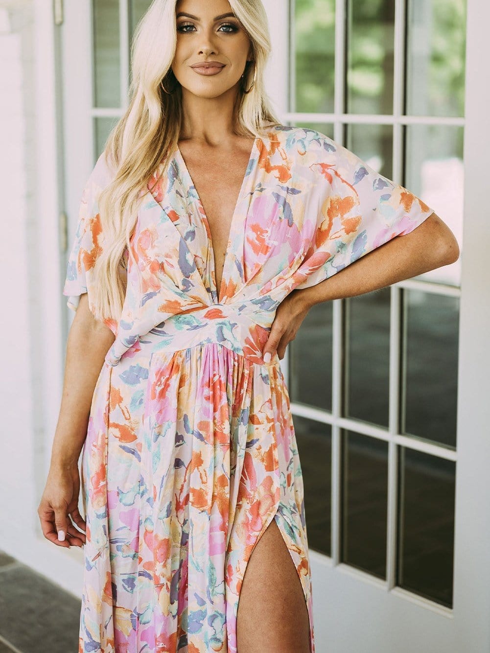 Ruched V-Neck Maxi Dress with Tropical Floral Print