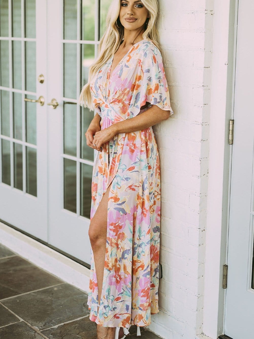 Ruched V-Neck Maxi Dress with Tropical Floral Print