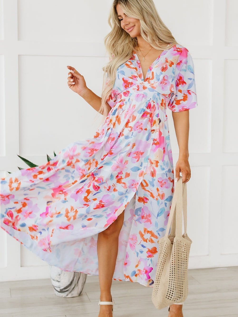 Ruched V-Neck Maxi Dress with Tropical Floral Print
