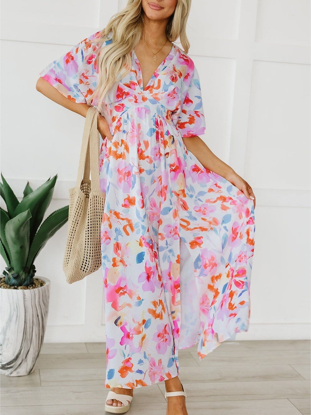 Ruched V-Neck Maxi Dress with Tropical Floral Print