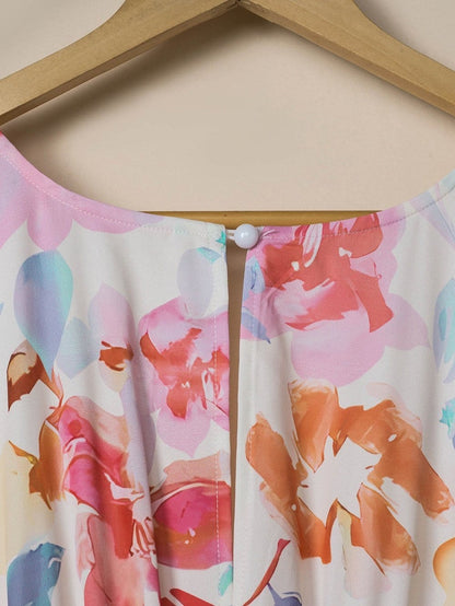 Ruched V-Neck Maxi Dress with Tropical Floral Print