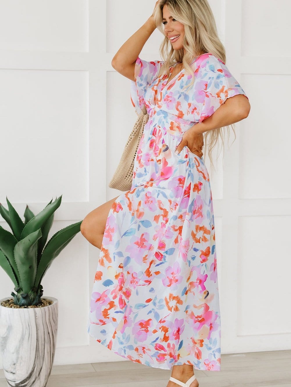 Ruched V-Neck Maxi Dress with Tropical Floral Print