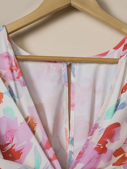 Ruched V-Neck Maxi Dress with Tropical Floral Print