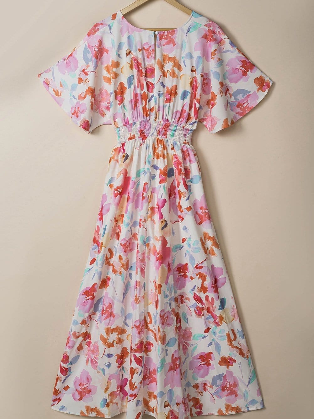 Ruched V-Neck Maxi Dress with Tropical Floral Print