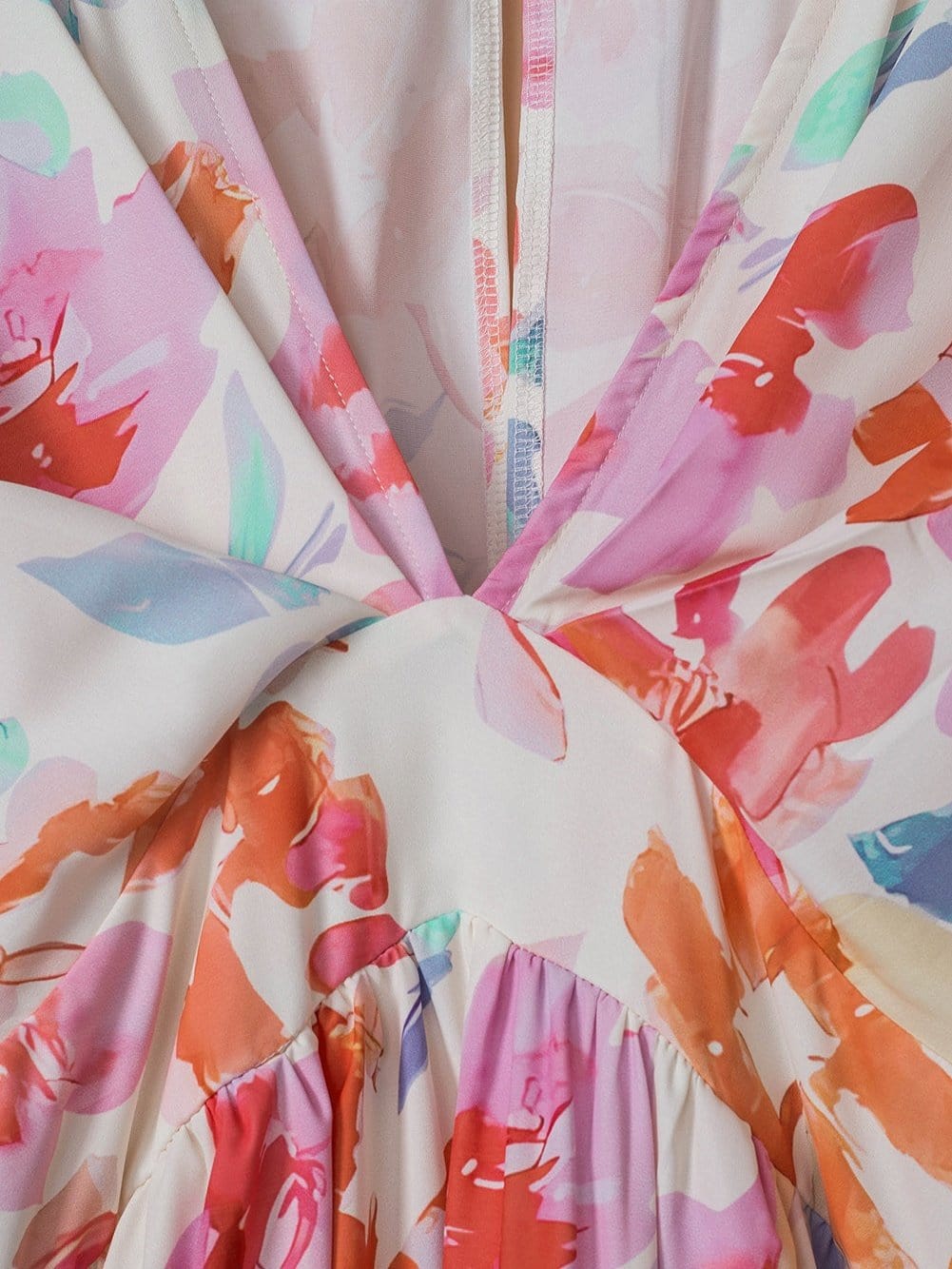 Ruched V-Neck Maxi Dress with Tropical Floral Print