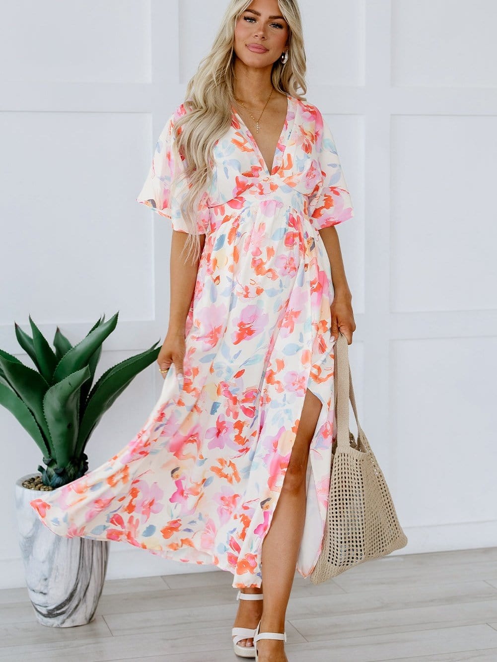 Ruched V-Neck Maxi Dress with Tropical Floral Print