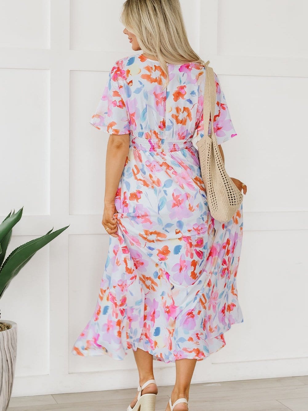 Ruched V-Neck Maxi Dress with Tropical Floral Print