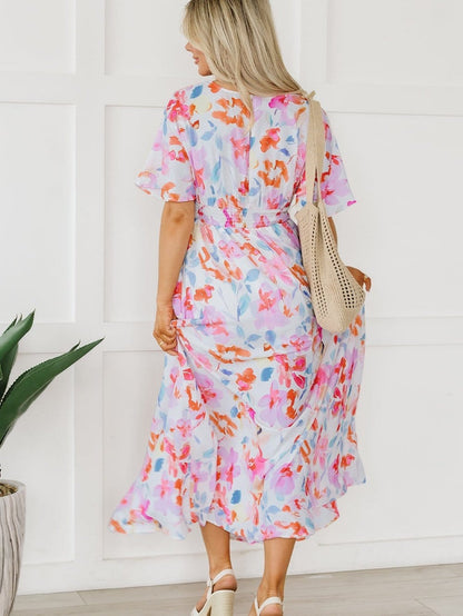 Ruched V-Neck Maxi Dress with Tropical Floral Print