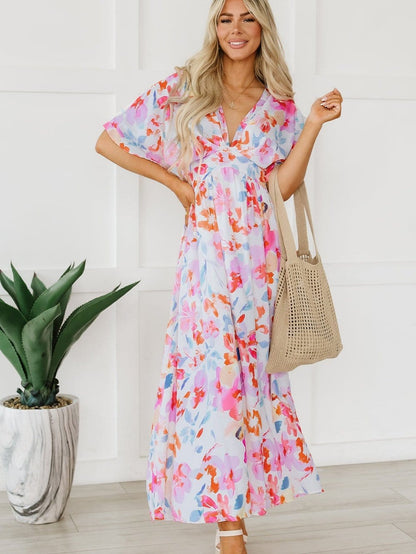 Ruched V-Neck Maxi Dress with Tropical Floral Print