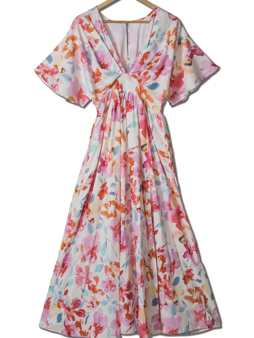 Ruched V-Neck Maxi Dress with Tropical Floral Print