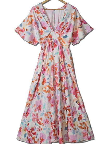 Ruched V-Neck Maxi Dress with Tropical Floral Print
