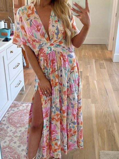 Ruched V-Neck Maxi Dress with Tropical Floral Print