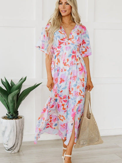 Ruched V-Neck Maxi Dress with Tropical Floral Print