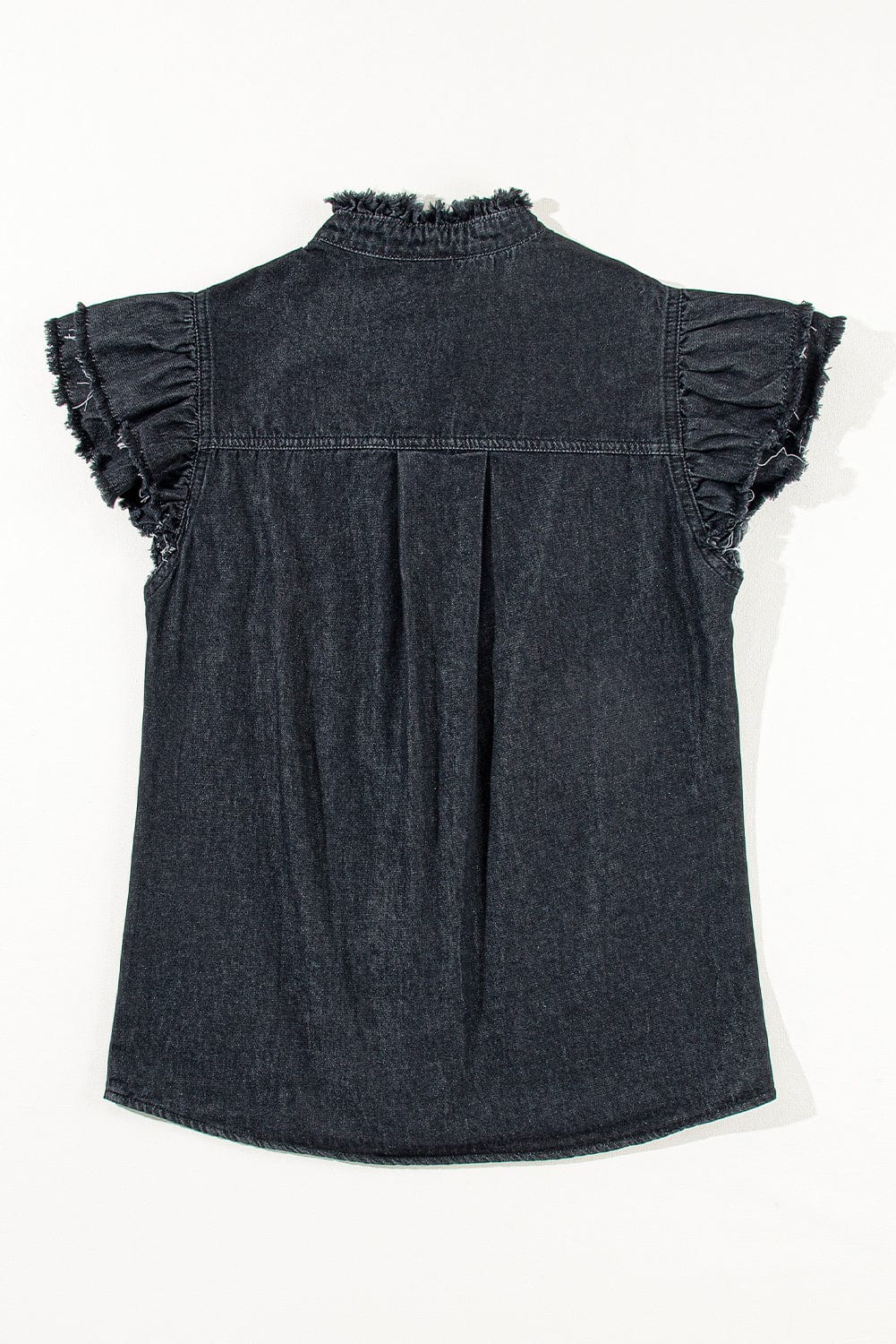 Ruffled Black Denim Top with Button Front and Frayed Details