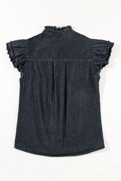 Ruffled Black Denim Top with Button Front and Frayed Details