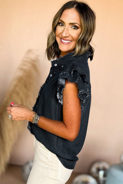 Ruffled Black Denim Top with Button Front and Frayed Details