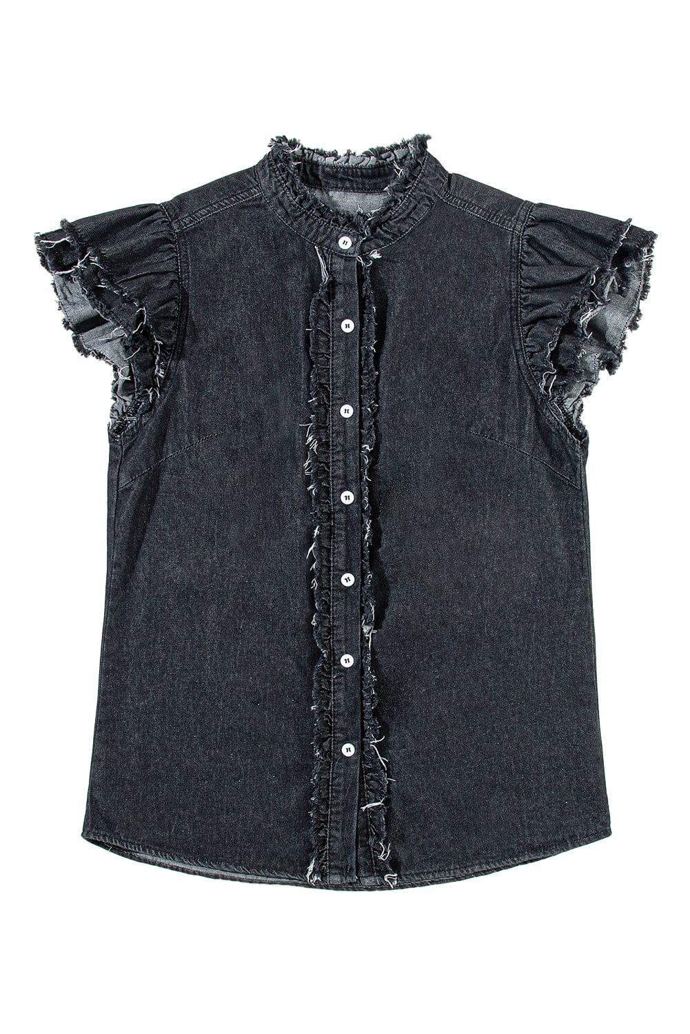Ruffled Black Denim Top with Button Front and Frayed Details