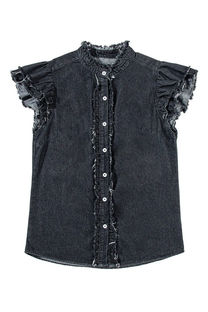 Ruffled Black Denim Top with Button Front and Frayed Details