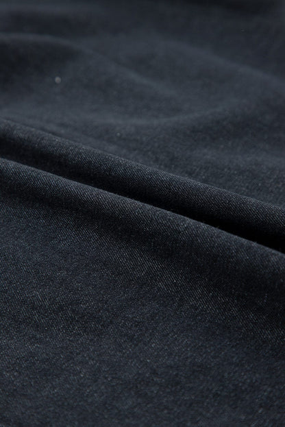 Ruffled Black Denim Top with Button Front and Frayed Details