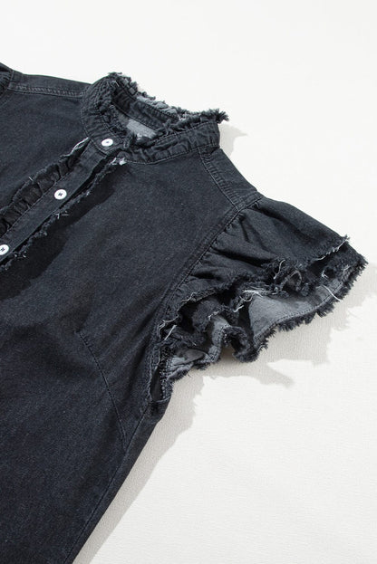 Ruffled Black Denim Top with Button Front and Frayed Details