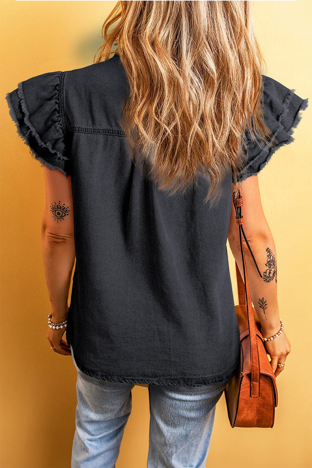Ruffled Black Denim Top with Button Front and Frayed Details