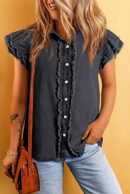 Ruffled Black Denim Top with Button Front and Frayed Details