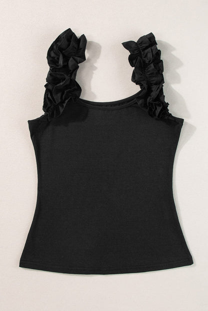 Ruffled Black Sleeveless Tank Top with Wide Straps