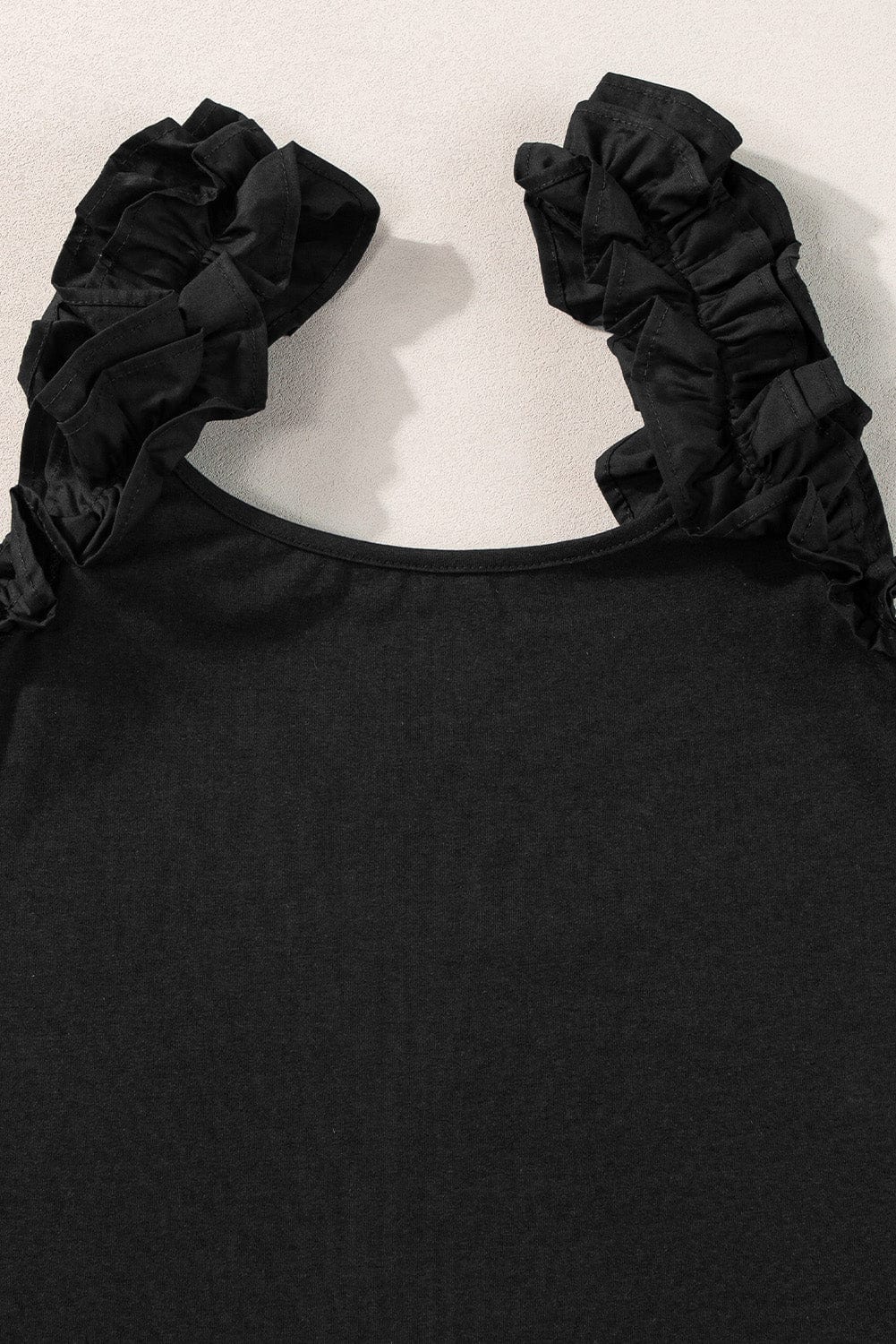 Ruffled Black Sleeveless Tank Top with Wide Straps