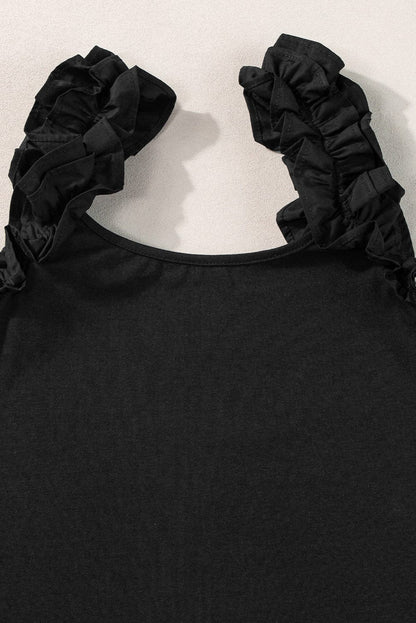 Ruffled Black Sleeveless Tank Top with Wide Straps